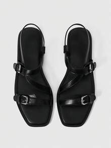 Sleekvia Giày nữ mùa hè mới, mũi vuông, đế bằng, màu đen, có khóa cài, sandal đế bằng cho nữ, đa năng, đơn giản, thoải mái để đi làm hàng ngày. - màu đen - Xem 1