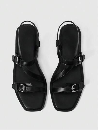 Sleekvia Women Shoes Summer New Square Head Flat Bottom Black Strip Buckle Women's Flat Sandals Daily Versatile Simple Commute Comfortable Flat Sandals Women's Shoes