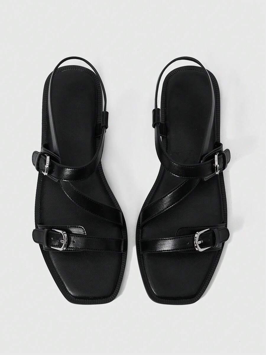 Sleekvia Giày nữ mùa hè mới, mũi vuông, đế bằng, màu đen, có khóa cài, sandal đế bằng cho nữ, đa năng, đơn giản, thoải mái để đi làm hàng ngày. - màu đen - Xem 1