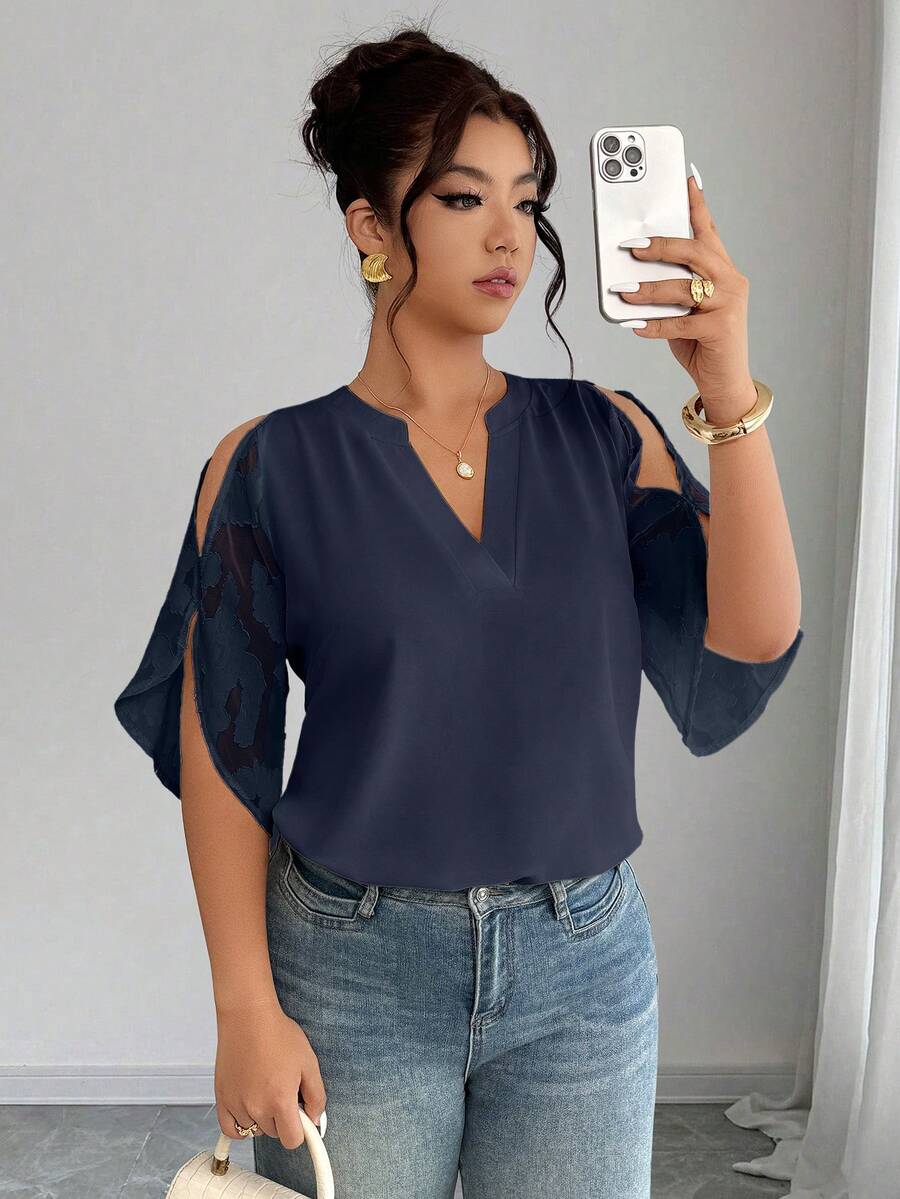 Elenzga Plus Size Women's Elegant Textured Jacquard Splice Loose Blouse, Spring/Summer - Navy Blue - View 1