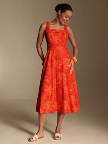 Swim Oasis 热带度假风 | 红色底橙色棕榈树印花方领长裙，适合海滩度假/三亚旅游/音乐节/海滩拍照 - 彩色 - 查看 4