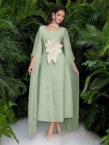 Modelyn Bộ 2 món dành cho nữ, mùa xuân/hè: Áo khoác dài tay bằng vải chiffon dệt màu mơ thanh lịch và váy chữ A không tay bằng vải dệt họa tiết màu mơ, thắt eo, kiểu dáng thanh lịch. - màu xanh lá - Xem 4