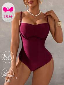 Swim DD+ Women's Summer Vacation Beach Patchwork Bandeau Ruched One-Piece Swimsuit - Burgundy - View 3