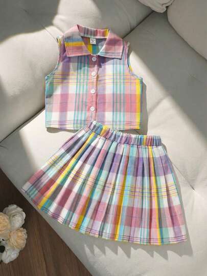 Sparklyn Conjunto de camisa sin mangas a cuadros y falda plisada a cuadros para niñas preadolescentes