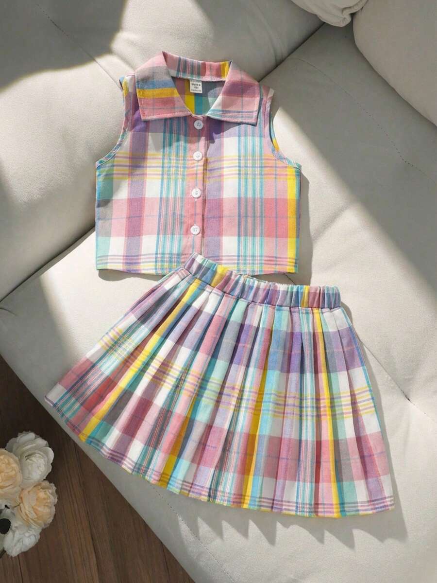 Sparklyn Tween Girls Plaid Sleeveless Shirt & Pleated Plaid Skirt Set Summer Holiday - Multicolor - View 1