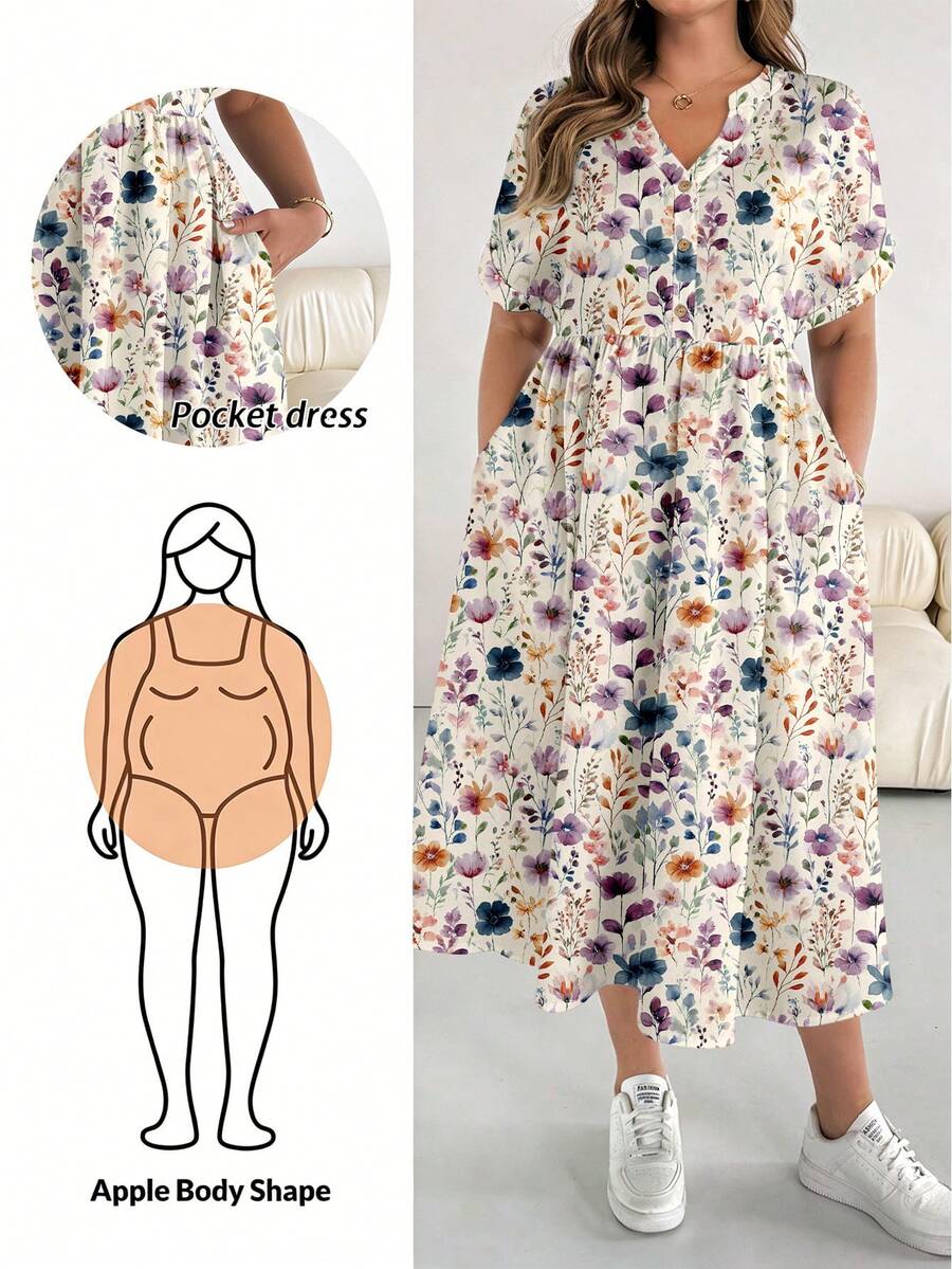 SHEIN Essnce Gaun Kasual Lengan Pendek Ukuran Plus Wanita Motif Bunga Elegan untuk Liburan, Cocok untuk Musim Semi dan Musim Panas - MultiWarna - View 1