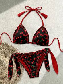 Soleia Retro Casual Red & Black Contrast Cherry Allover Print Women's Swimsuit Set, Suitable For Spring/Summer, Vacation, Island - Multicolor - View 6