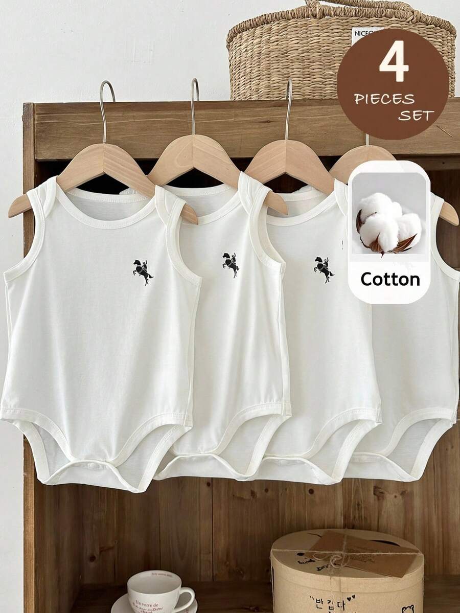 SHEIN LMoss Kids LMoss 4pcs/Set Baby Boy Summer Casual Knight Print Sleeveless Romper Baby Bodysuits Baby Onesies Multi Pack - White - View 1