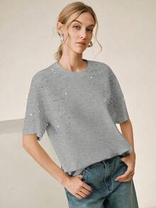 Anewsta Women's Casual White Round Neck Short Sleeve Rhinestone Embellished Top - Grey - View 3