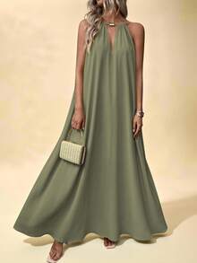 Balvessa 女士海滩夏季简约纯色锁眼领口露背吊带连衣裙长款度假海滩装 - 綠色 - 查看 5