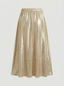 Firerie Plus Size Women Solid Color Metal Texture Elegant Skirt - Gold - View 2