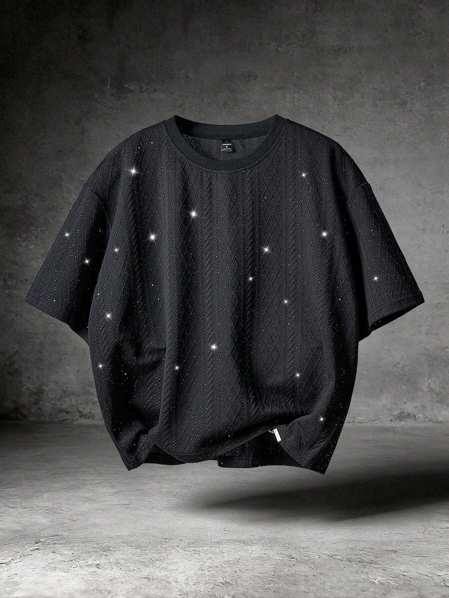 PAVTROS Men's Shiny Round Neck Loose Casual Short Sleeve T-Shirt - Black - View 1