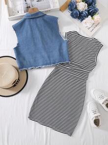 SHEIN 两件套少女黑色针织吊带连衣裙搭配牛仔背心，通勤休闲装 - 彩色 - 查看 2