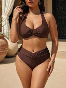 Swim Chiccia 2026 Spring/Summer New Sexy Deep V-Neck Design Brown Solid Color Bikini Swimsuit Set, Beach Outfit - Brown - View 1