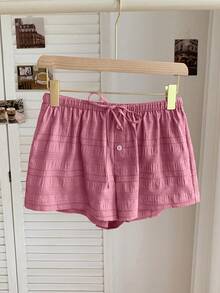 SHEIN EZwear Plus Size Pastel Pink,Summer,Smart Casual,Everyday Textured Tie-Waist Shorts,Ruffle Gingham Striped Checkered Plaid Casual Shorts With Pockets - Watermelon Pink - View 8
