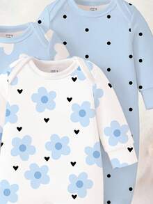 SHEIN 【随机3套，送1套】可爱爱心印花、艺术花卉印花、蓝色波点印花，新生儿连体衣，舒适便捷，春夏柔软休闲睡衣套装，让宝宝看起来可爱活泼，面料柔软舒适。 - 彩色 - 查看 3