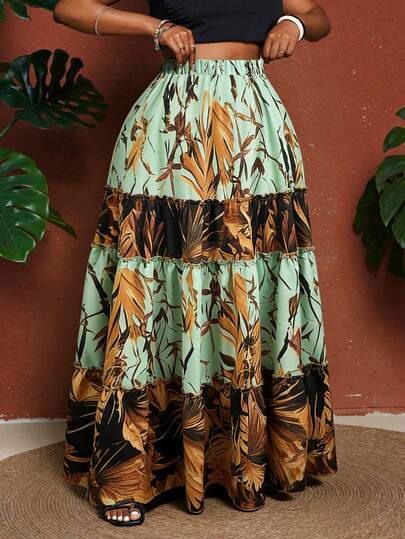 Maweii Plus Size Elastic Waist Floral Print Patchwork Frill Trim Skirt, Vacation Style