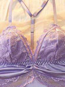 Purple Floral Lace Patchwork Ruffle Hem Slip Dress, Romantic & Comfortable Nightgown For Women - Purple - View 3