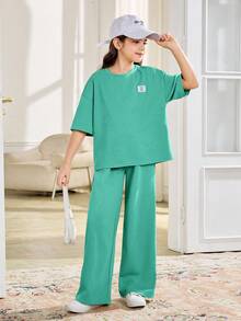 SHEIN 两件套少女休闲宽松舒适圆领短袖T恤和裤子套装 - 綠色 - 查看 7