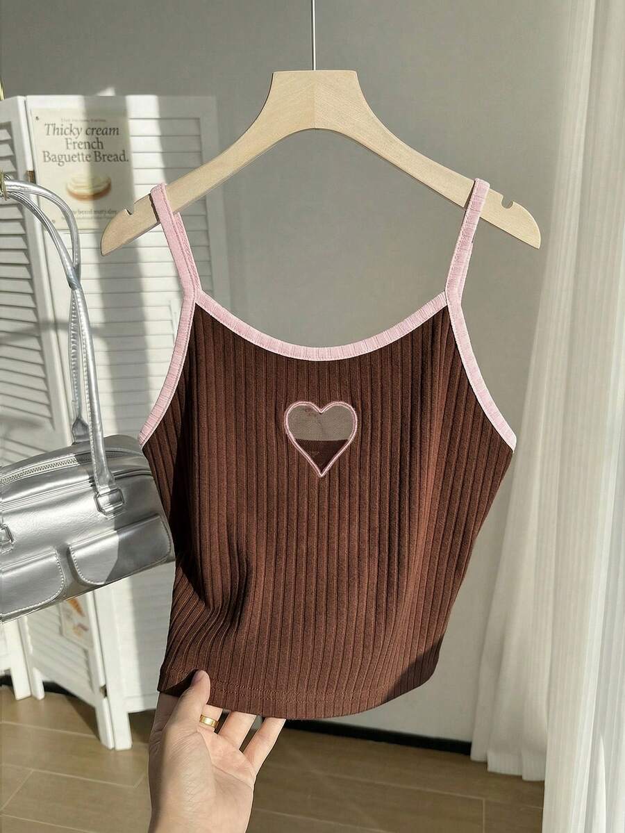 SHEIN EZwear Áo hai dây và áo tank top cỡ lớn màu nâu và hồng, họa tiết trái tim đan xen, thêu ren rỗng, thích hợp cho mùa xuân/hè, ngày Valentine. - màu nâu - Xem 1