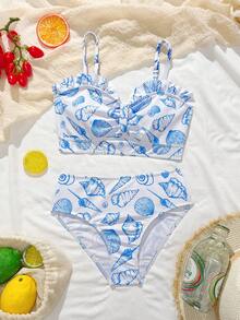 SHEIN Áo bikini hai dây cho bé gái tuổi teen, họa tiết vỏ sò xanh, đồ bơi thoải mái cho kỳ nghỉ hè, tiệc bể bơi. - Xanh và trắng - Xem 4