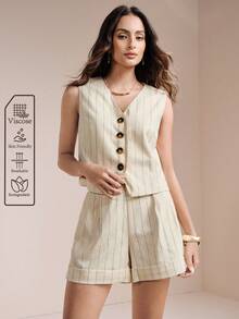 Arave Women's Woven V-Neck Vest Without Belt Drawstring Shorts Set, Casual Sexy Commuter Outfit Golf Pastal Summer - Apricot - View 5