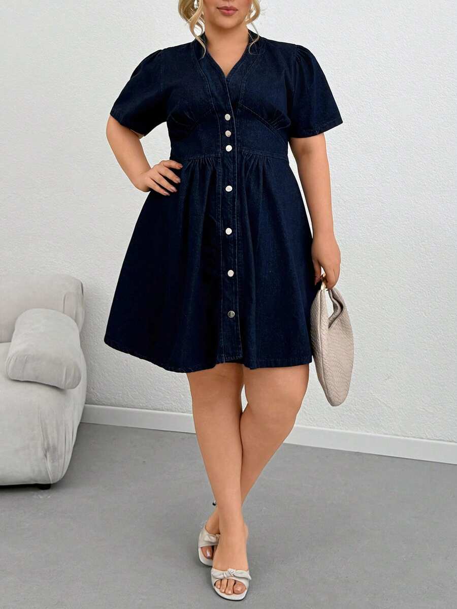 SHEIN Plus 100% Cotton Button Front Casual Denim Dress - Dark Wash - View 1