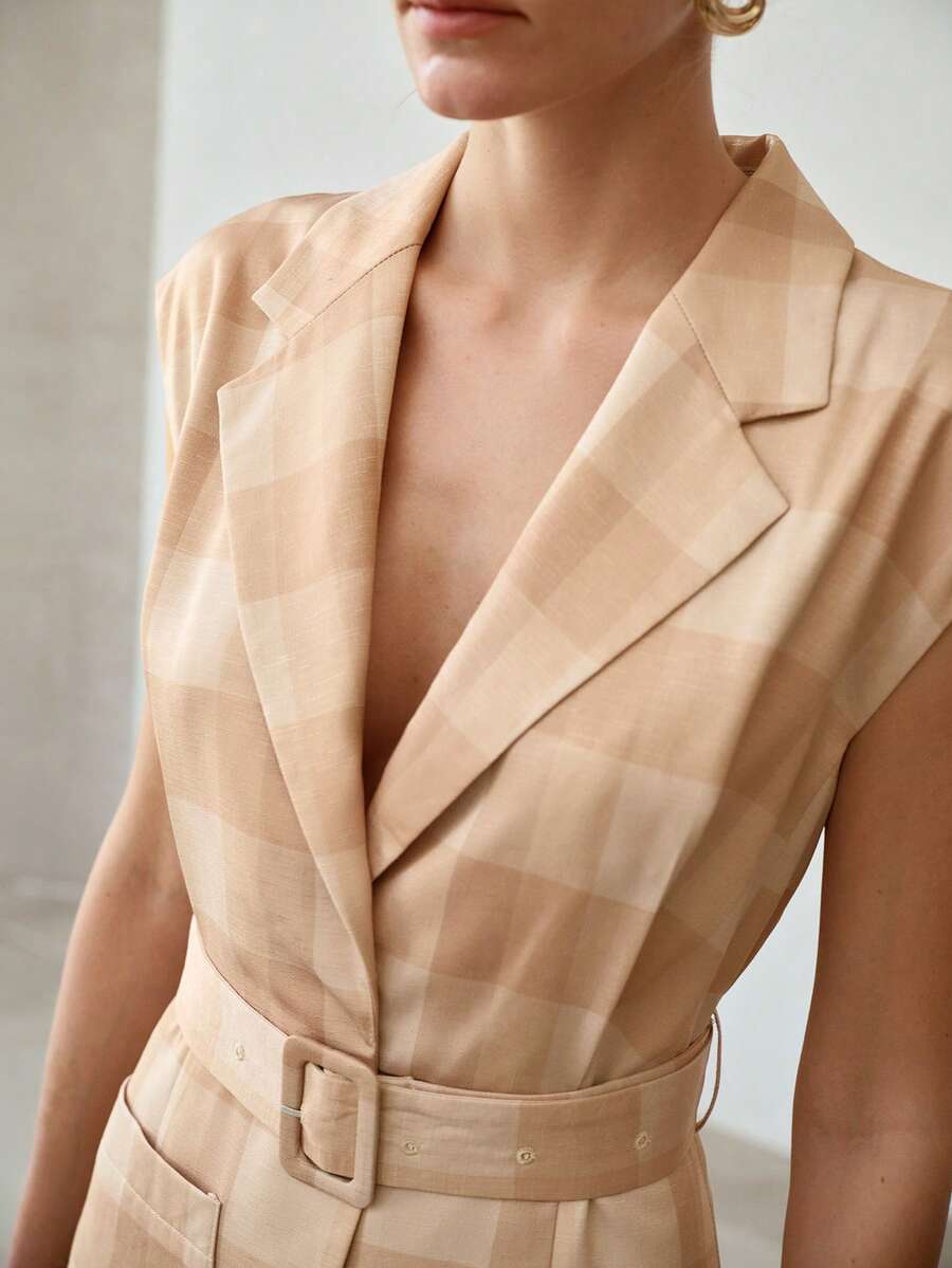 MOTF PREMIUM Đầm nữ mùa hè cổ ve áo, không tay, ôm eo, thanh lịch, dáng suông, đa năng. - Màu Khaki - Xem 2