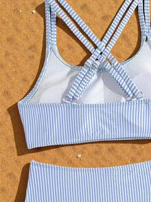 SHEIN Tween Girl Bikini Swimwear,Blue White Striped Cross Strap Ribbed Two Pieces Bathing Suits For Teens Full Coverage,Summer,Casual,Holiday,Pool Party - Blue - View 7