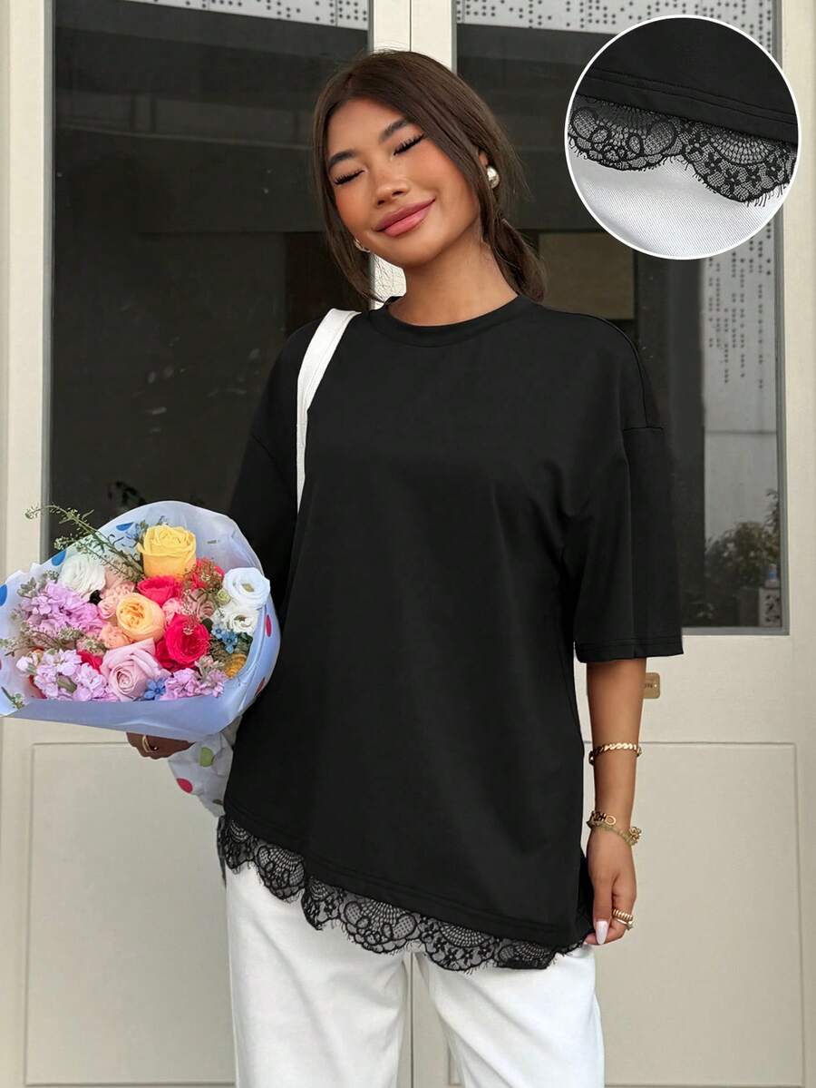 Muchica Black Lace Trim Patchwork T-Shirt For Women, Spring/Summer New Arrival,Summer Top