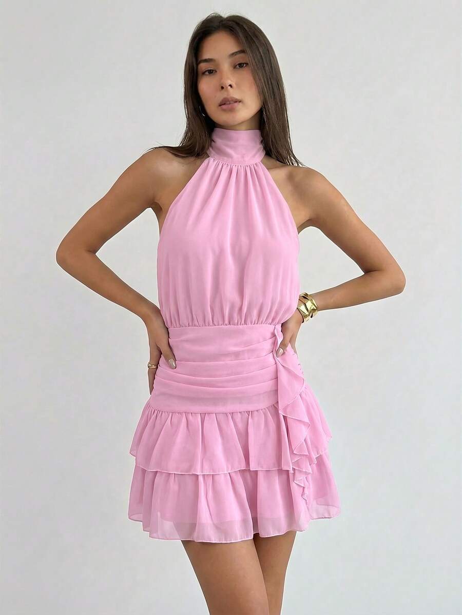 Aloruh Waist Cinched Ruched Hem Flounce Back Tie Mini Dress, Valentine's Day,Pink Dress - Pink - View 1