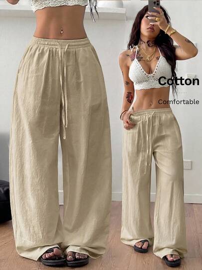 Coolane Trang phục mùa hè dành cho nữ, thích hợp đi xem hòa nhạc, đi biển, phong cách boho cơ bản tối giản, quần trắng 100% cotton đã giặt, ống quần cong.