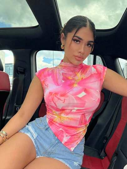 SHEIN SXY Top corto sin mangas estilo bohemio, bajo asimétrico, estampado tie-dye, estilo hawaiano de verano