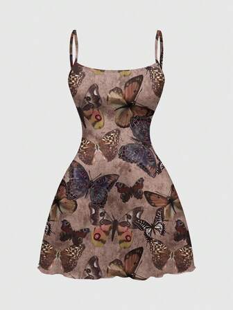Fairycore Abito vintage vintage hippie con spalline a spaghetti, con motivo a farfalla, elastico e taglie comode