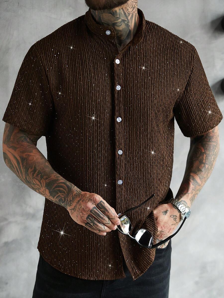 SLATEMANN Men's Casual Fashion Party Rhinestone Textured Fabric Short Sleeve Shirt, Summer - Coffee Brown - View 1