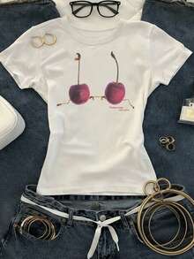 Glimmora 女士休闲时尚街头日常通勤樱桃字母印花短袖白色T恤 - 白色 - 查看 3