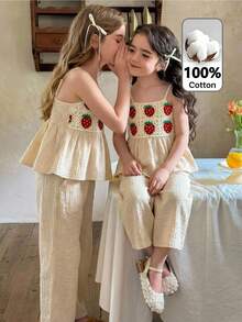 LMoss Kids 两件套女童纯色梭织吊带背心和长裤套装 - 彩色 - 查看 2