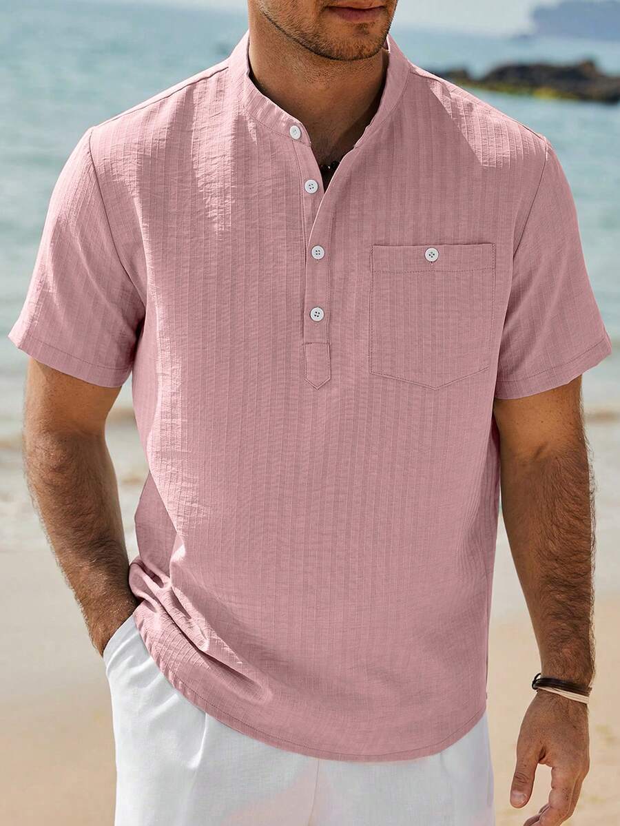VENTUSAIL Camisa casual de manga corta unicolor para hombres, vacaciones de verano - Rosa - Ver 1