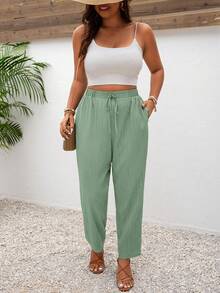 SHEIN Frenchy Plus Size Vacation Solid Color Knotted Casual Pants With Pockets - Mint Green - View 5