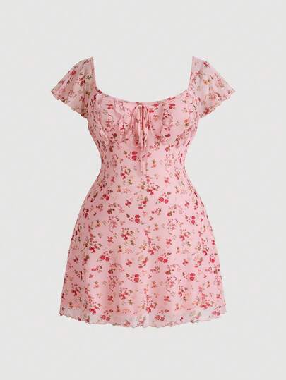 SHEIN MOD Plus Women's Allover Floral Print Ruffle Armhole Knot Front Dress, For Summer,Beach Dress Sundress,Holiday Outfits Boho