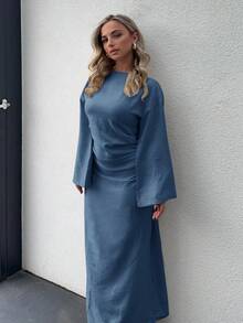 Jeta Ari Women's Elegant Ruched Flare Sleeve Solid Color Fitted Dress, Spring/Autumn Winter Party Evening Dress Blue - Blue - View 1