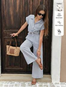SHEIN Set de 2 piezas informal para adolescentes, que incluye top corto de manga corta con cuello de solapa a rayas y pantalones anchos de 3/4, para usar en la oficina o en el día a día - Gris - Ver 7