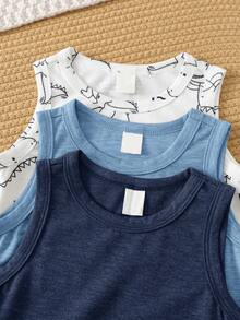 SHEIN Bộ 3 món áo liền quần không tay in hình khủng long dễ thương cho bé trai, thích hợp mặc mùa xuân/hè. - Màu xanh lam - Xem 7