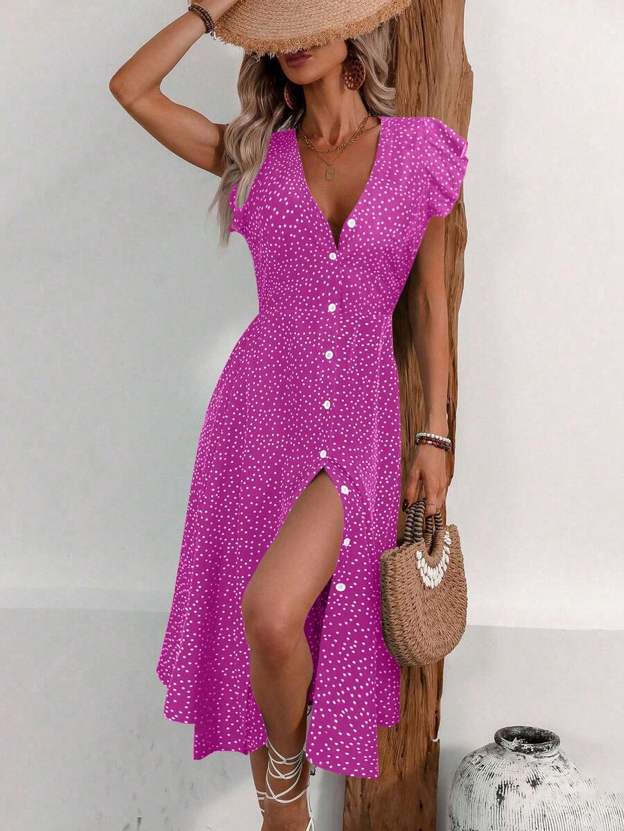 EMERY ROSE 女士时尚V领系带腰身开衩下摆夏季度假连衣裙，新年服装，长款度假沙滩装 - 紫色 - 查看 1