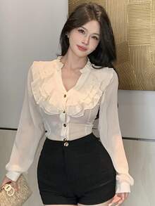 DAZY 女士白色雪纺衬衫，层叠荷叶边装饰，修身性感透视长袖衬衫，金属纽扣点缀，适合夏季、秋季和春季穿着。 - 白色 - 查看 4