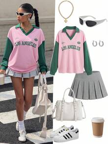 Muchica Pink Women's Contrast Color Knit Letter Pattern Dropped Shoulder Loose T-Shirt Retro Clothes - Pink - View 3