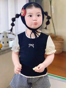 Dazy Kids 女童撞色韩版蝴蝶结短袖上衣 - 黑色 - 查看 4