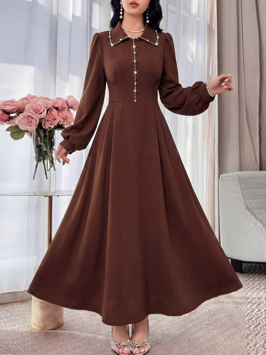 Al Najma 女士棕色长袖针织泡泡珠腰A字连衣裙，后腰系带设计，尽显优雅气质 - 棕色 - 查看 1