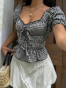 Sunnyshic 女士休闲格子衬衫，腰间系带，饰有蝴蝶结 - 黑色 - 查看 3