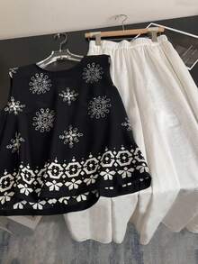 GlowEve CURVE Plus Size Women's Black And White Printed Sleeveless Top And Pants 2 Pieces Set,Summer Boho Vacation Outfits,Elegant Vintage Loose Casual Party Wear - Multicolor - View 1